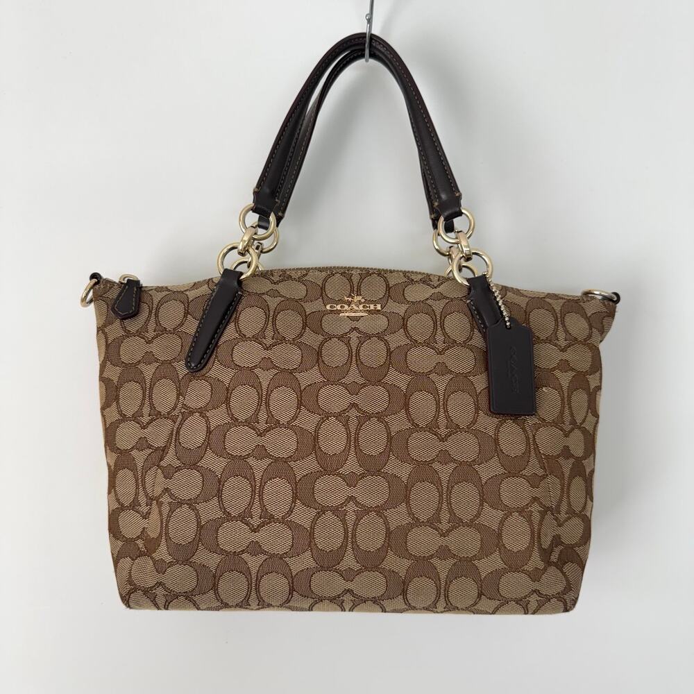 Coach Signature Jacquard Canvas Small Kelsey Satchel Khaki Leather Trim F58283 - Picture 2 of 15